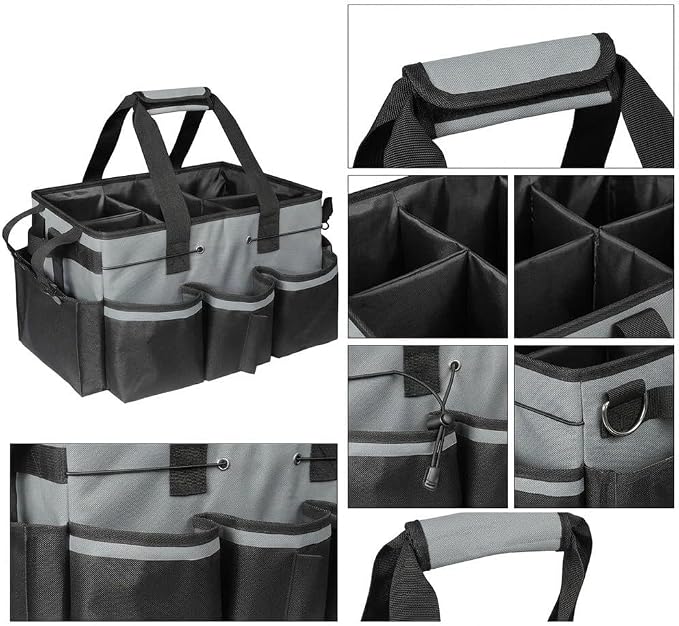 Large Cleaning Caddy Bag with Removable Divider - 600D Oxford Storage Organizer for Supplies, Tools, Spray Bottles - Portable Tote for Housekeeping, Gardening, Car Trunk - Black 14x10x9 Inch(Dark Gray)