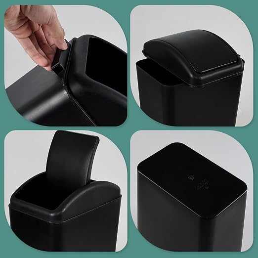 4 Gallon/16L Plastic Swing Lid Garbage Bin, Black Slim Trash Can | Swing Top, For Home Office Dorm
