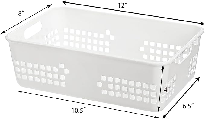 Jucoan 6 Pack White Plastic Storage Baskets, 12 X 8 X 4 Inch Large Plastic Storage Organizer Tray Bin with Handles for Classroom, Drawer, Closet, Bathroom Kitchen