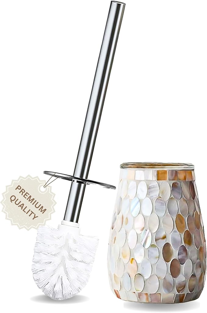 Escenzy Natural Shell Toilet Brush and Holder Set – Handcrafted Mother of Pearl Mosaic Glass Holder, 304 Rust-Resistant Stainless Steel Toilet Bowl Brush – Decorative Luxury Coastal Bathroom Accessory