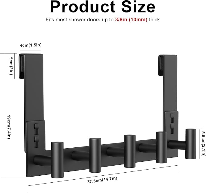 PMMASTO Black Extra-Long Shower Door Hanger, 4 T-Hooks, Fits 3/8-Inch Glass | Extra-Long Heavy-Duty Stainless Steel, 4 T-Shaped Hooks, for Bathrobes and Towels on Frameless Glass Shower Doors