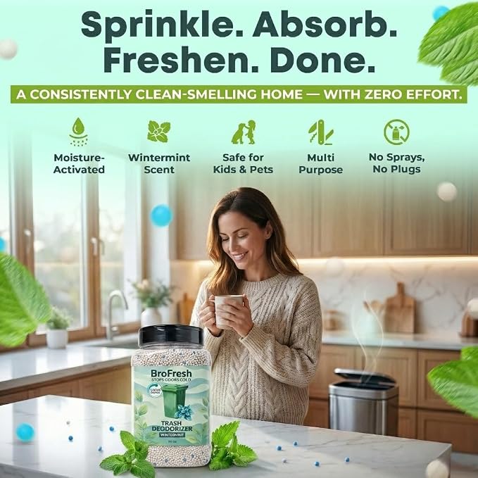 BroFresh Garbage Can Deodorizer, Neutralizes Odor, Absorbs Moisture & Releases Long-Lasting Scent, Safe & Non-Toxic, Trash Can Odor Eliminator (48 oz, Wintermint)