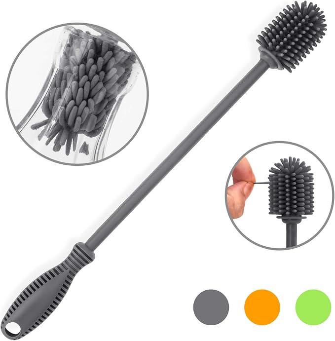Silicone Bottle Brush with Long Handle, 12.5" Bottle Cleaning Brush, Gray | Water Bottle Cleaner for Baby Bottles, Hydro Flask, Sports Bottle, Vase, Glassware, for Smaller Diameter Bottle Openings