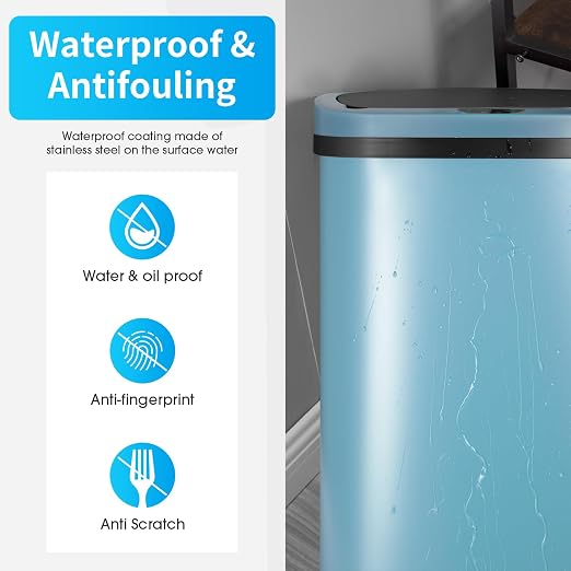 BestOffice Trash Can Broken-Resistant Plastic Touch Free High-Capacity Garbage Can with Lid for Bedroom Bathroom Home Office 49 Liter 13 Gallon Trash Can Automatic Kitchen Trash Can (Blue)