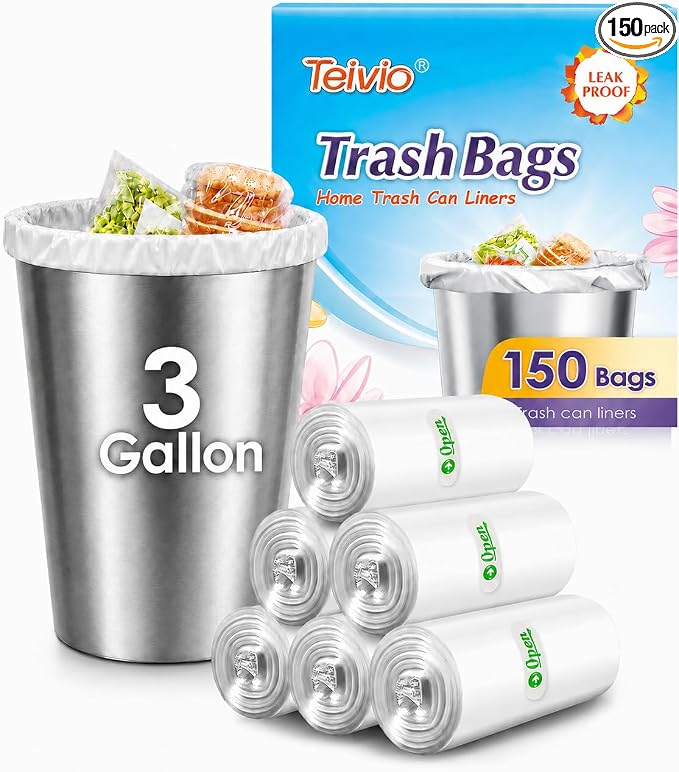 Teivio Small Trash Bags 3 Gallon 150 Counts 3 Gallon 3.1 Gallon 3.2 Gallon fit 10 liter Garbage Bags, Waste Basket Bags,Bathroom Trash Can Bin Liners, Plastic Bags for home office kitchen, Clear | Fit 10-12 Liters,2.5,2.6,2.8Gal,Mini Plastic Waste Bask...