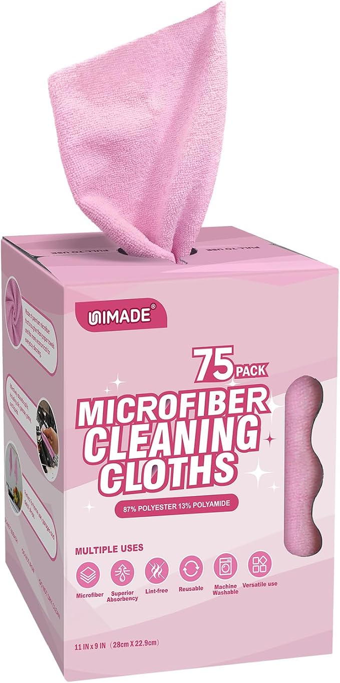 Microfiber Cleaning Cloth, 75 Sheets Microfiber Towels for Cars | Commercial Grade Washcloths Lint-Free Bulk Shop Towel Cleaning Rags for Household Restaurant Garage, 11"x 9", Pink