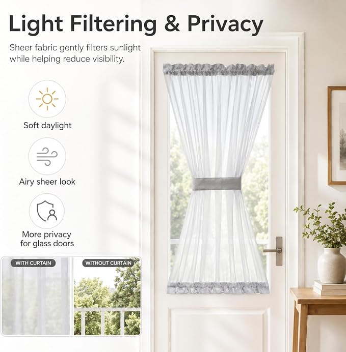 Aquazolax Grey Sheer Curtains for Door - 40 Inch Long Sidelight French Half Door Window Voile Curtain, Airy Porch Decoration Privacy Panels - Single Panel with Tieback, 25" Wide x 40" Length