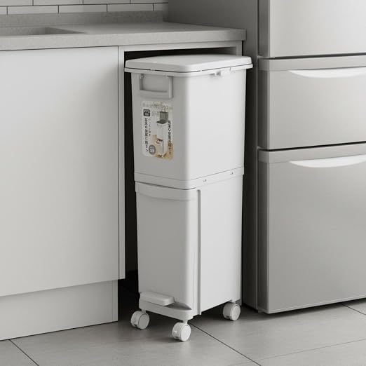 Kitchen Waste Bin Double Layer Trash Can Recycling Container Rubbish Organizer with Stackable Vertical Design Polypropylene and Wheels Suitable for Kitchen Apartments dorms Small Homes