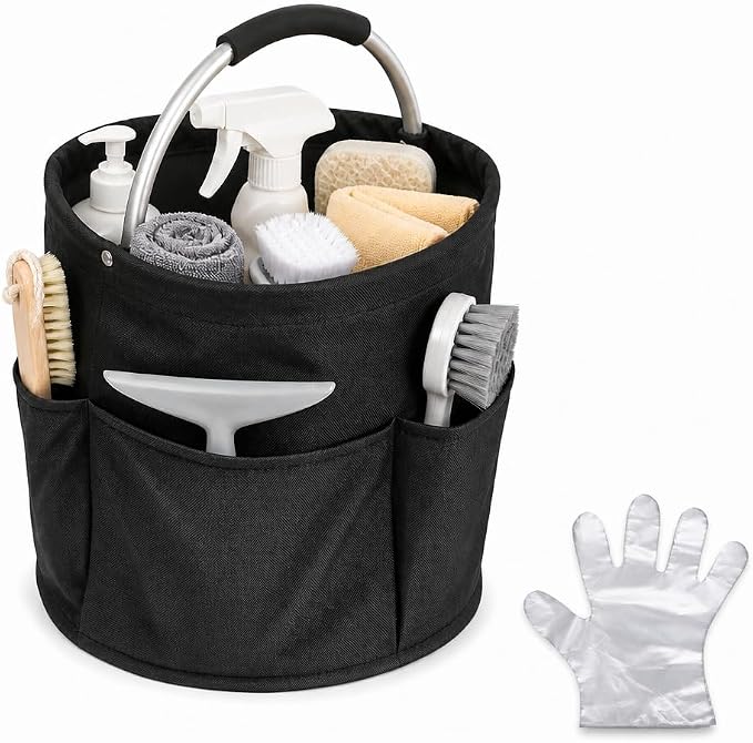 Cleaning Caddy Bag, Cleaning Supplies Organizer, Storage Basket with Handle | Portable Multifunctional, Foldable, Black, Suitable for Household Outdoor Storage, Comes with 100 Disposable Gloves