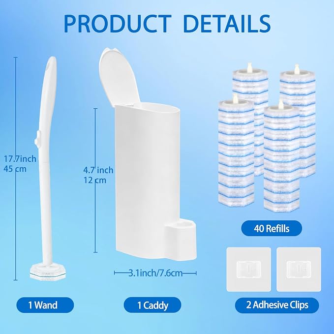 Disposable Toilet Brush and Holder Set, 40 Pre-Filled Refills | 5X Powerful No-Shed Pads, 360° Deep Toilet Bowl Clean, Toilet Bowl Cleaner with Storage Caddy & Adhesive Hooks