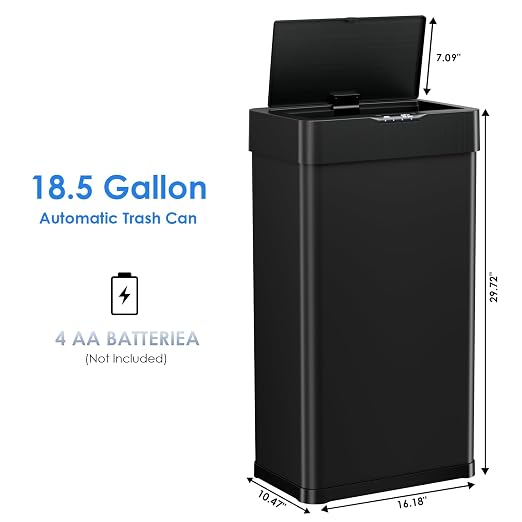 Sensor Trash Can, Touchless Motion Sensor Trash Bin | Smart Automatic Garbage Can with Soft-Close Lid, Bag Retainer Ring and Display Light, for Kitchen, Office (Black, 18.5 Gal)