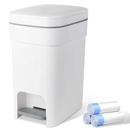 Small Bathroom Trash Can with Lid Slim Step Garbage Can 4 Gallon White | Stylish Decor Soft Close Trash Bin Plastic Wastebasket with Trash Bags for Kitchen Bedroom Office Living Room Toilet College