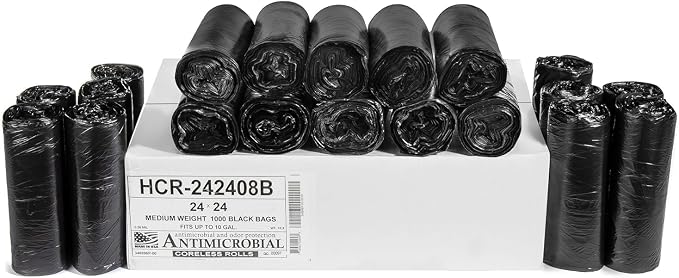 Aluf Plastics 10 Gal Black Trash Bags, 8 Micron (EQ.), 24" x 24" (1000 Pk)