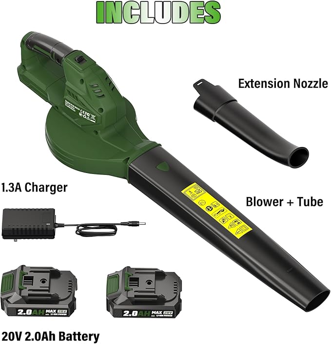 SEYVUM Leaf Blower 20V Cordless, with 2 x 2.0Ah Battery, 350 CFM 150 MPH | 15000 RPM, for Patio Cleaning, Fast Charger Included, Dark Green