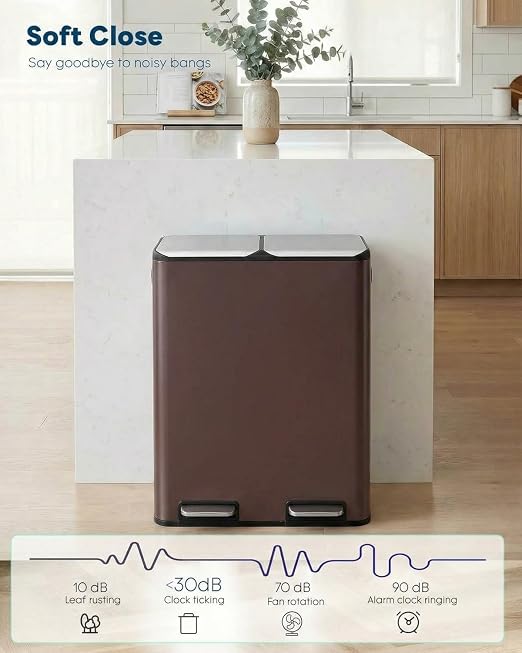 ComfyCorner 16 Gal (2 x 30 L) Dual Trash Can with Odor Control Box | Stainless Steel Kitchen Garbage Bin, Recycle Dustbin with Soft-Close Lid,Inner Buckets,Side Handle,Step Pedal,for Home Office