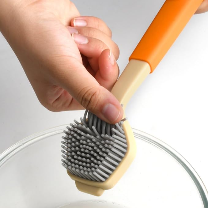 Silicone Dish Brush Kitchen Scrubber Pot Cleaner Pan Long Handle Soft Silicone Bristles Non Slip Grip Suitable for Home Cleaning Dish Washing Office Break Rooms, Orange