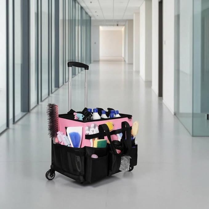 Cleaning Supplies Organizer with Wheels Portable Cleaning Bag with Trolley Heavy-Duty Wheeled Organizer Bag for Housekeeping, Pink, 40.6 32 33CM