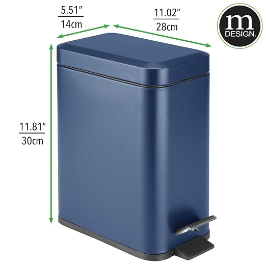 mDesign Small Modern 1.3 Gallon Rectangle Metal Lidded Step Trash Can, Compact Garbage Bin with Removable Liner Bucket and Handle for Bathroom, Kitchen, Craft Room, Office, Garage - Navy Blue