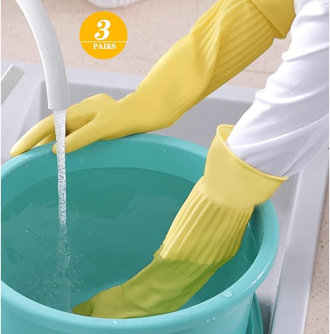3-Pair 17.8-Inch Elbow-Length Reusable Rubber Waterproof Household Cleaning and Kitchen Dishwashing Gloves - Large Size