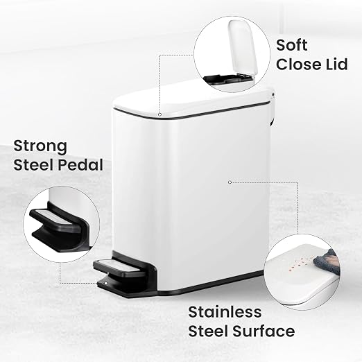 Cesun Small Bathroom Trash Can with Lid, 1.6 Gal, Soft Close, White | Step pedal soft close, Slim 5.9in fits narrow spaces, Stainless steel, Anti-fingerprint, Removable inner bucket, Odor seal