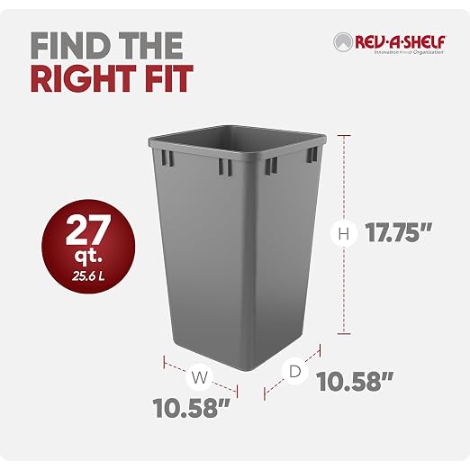 Rev-A-Shelf 27 qt Polymer Replacement Waste Container for Rev-A-Shelf Pullouts, Kitchen Cabinet Trash Can Recycle Bin, RV-1024-17-2, Silver (2-Pack)