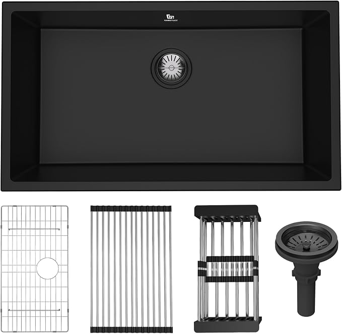 32-inch Granite Composite Kitchen Sink, GABETLET Undermount Quartz Kitchen Sinks with Spacious Workspace and Easy Cleaning, Black Single Bowl Deep Sink with Complete Accessories