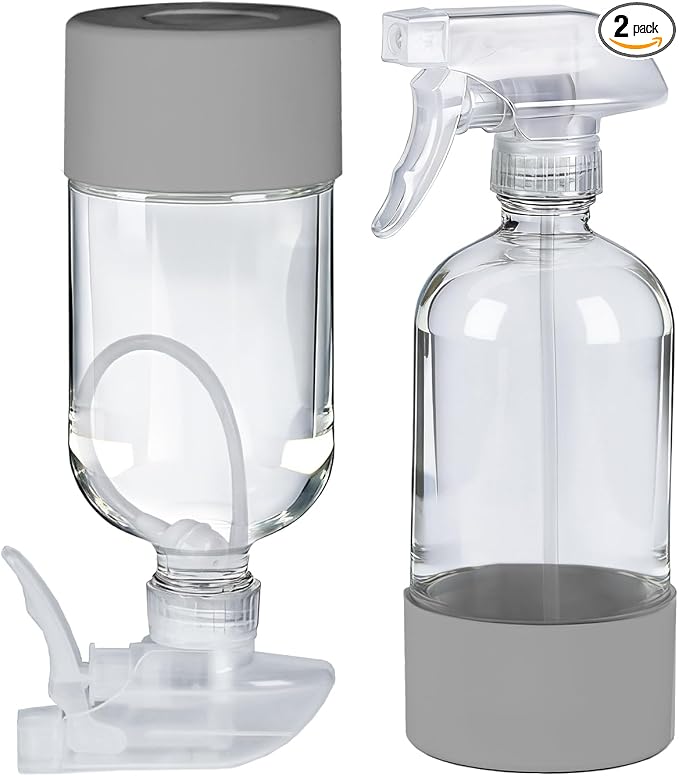 2 Pack 360° Glass Spray Bottles with Silicone Sleeve Grey | 360° Inverted Spray Nozzle, Gravity Ball Designed for Cleaning Crack & Crevice, Leak-proof and Pressure-Resistant Design