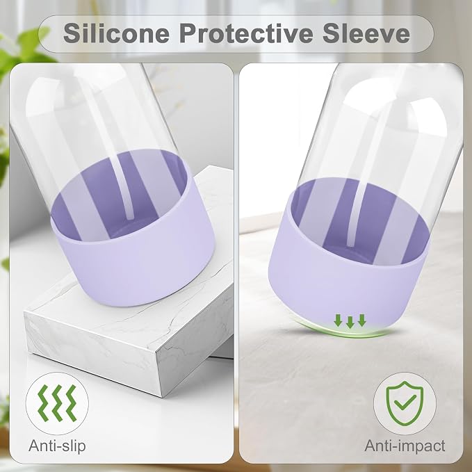 Glass Spray Bottles - 2 Pack 16 oz Clear Spray Bottles with Silicone Sleeve | Adjustable Nozzle, Mist/Stream, Refillable, Leak-proof, Anti-slip, Perfect for Hair, Cleaning Solutions, Plants, Purple
