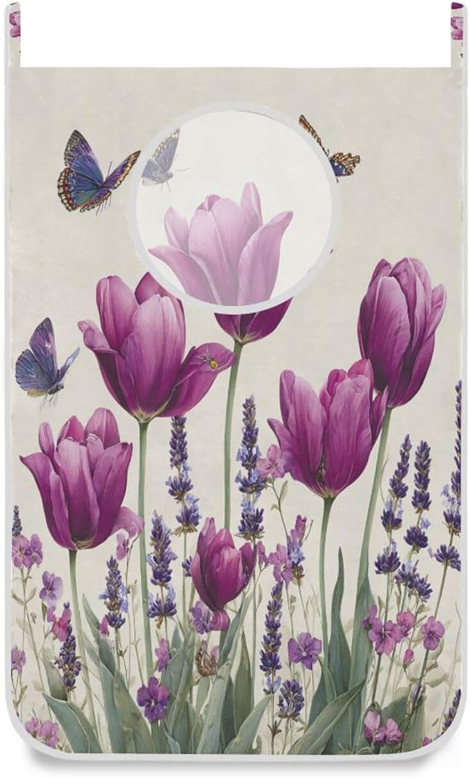 Purple Tulilp Butterfly Hanging Laundry Hamper Door Hampers Bag Basket with Stainless Steel Hooks Oxford Fabric Printing Decorative Clothes Bags 29.5X20inch 2Pack