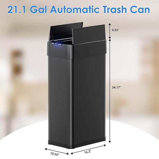 TLSUNNY 21.1 Gallon Automatic Trash Can, Motion Sensor Garbage bin | Stainless Steel Smart Trash Can W/ Butterfly Lid, Bag Retainer Ring for Living Room, Kitchen, Office (Black, 80L)