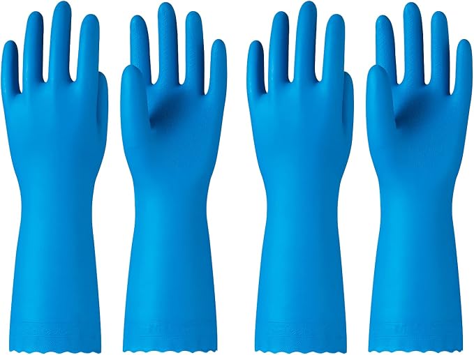 2 Pairs Dishwashing Gloves, Cotton Flocked Liner, Blue, Medium | Waterproof dishwashing gloves with non-slip grip, Latex-Free, flexible fit for kitchen, bathroom, laundry & cleaning