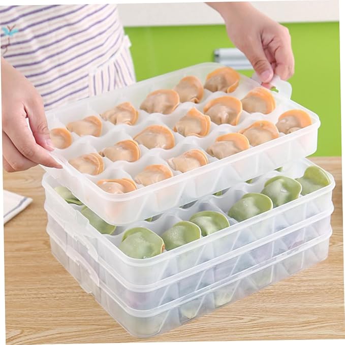 Dumpling Storage Box Four Layers PP Stackable Organizer for Freezer | 18 Slots Per Tray, Separated Grid Layout, Portable Design, for Housekeeping and Camping Use