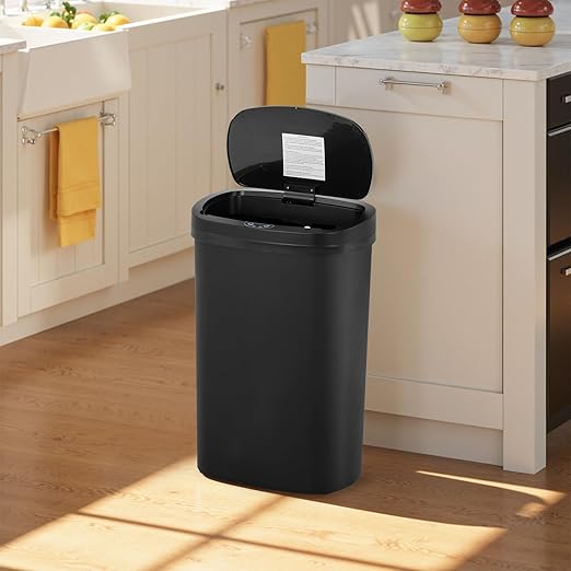 BestOffice | 13 Gallon Plastic Trash Can with Lid | Dark Black | Automatic Touchless Garbage Can | Odor Control | Modern Oval Design | Easy to Clean | For Kitchen, Bathroom, Office or Home