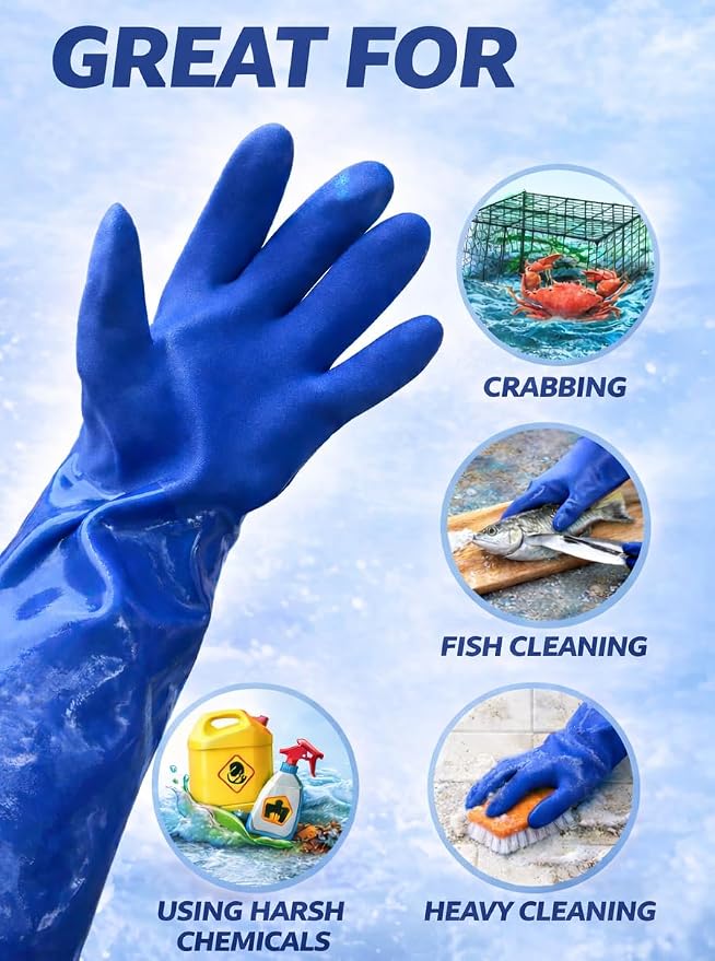 Waterproof PVC Work Gloves – Heavy Duty Textured Grip, Long Cuff PPE for Crabbing, Fishing & Cleaning