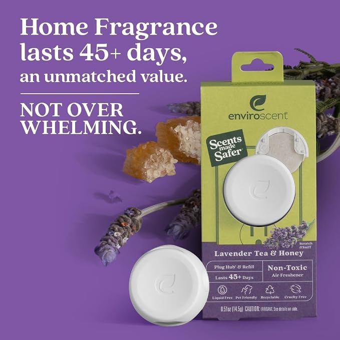 Enviroscent Non-Toxic* Air Freshener Plug-In Plug Hub® Kit for Home, 4 Pack | Non-Toxic* Air Freshener w/ Lavender Tea & Honey Scent | Fits Standard Outlets for Daily Use | Pet-Friendly w/ Paper Refill