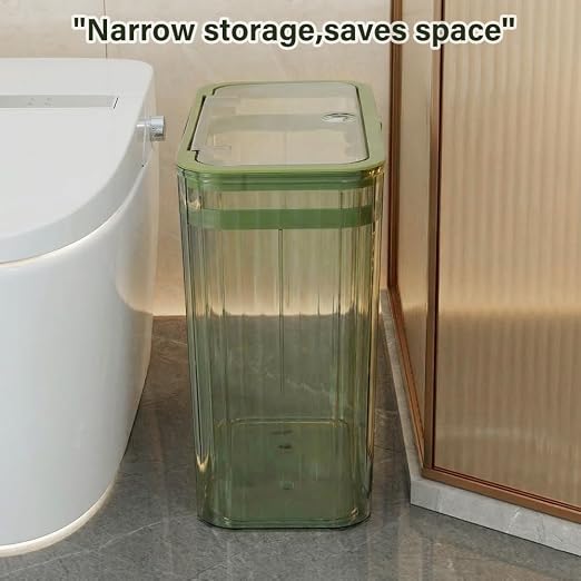 Bathroom Trash Can with Lid3.5 Gallon Garbage Can，for Bedroom, Office, Plastic Slim Waste Basket with Press Top Lid, 15l Clear Trash Bin for Home Slim Trash Bin Clear, Kitchen （Green）