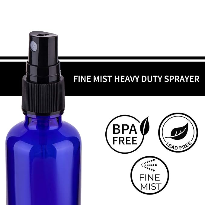 2oz Glass Spray Bottles For Essential Oils, Blue, 3 Pack | Small, Fine Mist