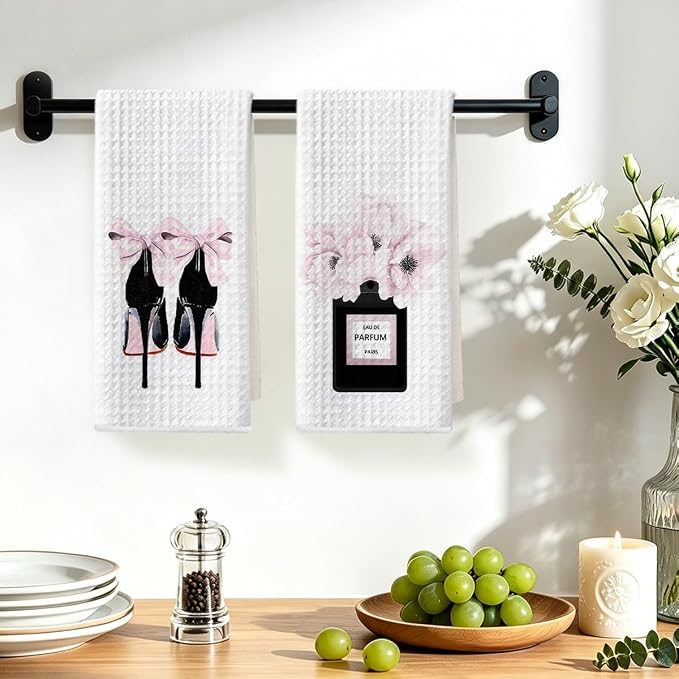 2 Pcs Pink Hand Towels, Perfume High Heeled Shoes Reusable Dish Towels | Fashion Gifts for Women Mom Girls Friend, Waffle Weave Microfiber Towels for Bathroom Home Decor 24x14 Inch