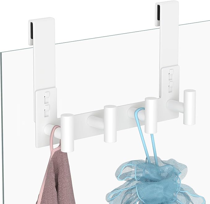 PMMASTO White Extra-Long Shower Door Hanger, 4 T-Hooks, Fits 3/8-Inch Glass | Extra-Long Heavy-Duty Stainless Steel, 4 T-Shaped Hooks, for Bathrobes and Towels on Frameless Glass Shower Doors