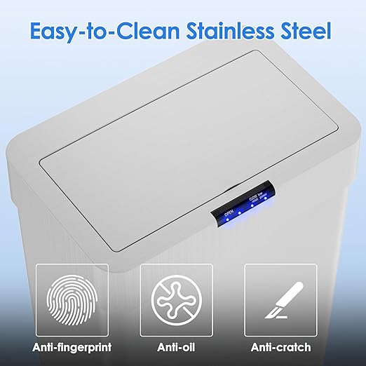 Sensor Trash Can, Touchless Motion Sensor Trash Bin | Smart Automatic Garbage Can with Soft-Close Lid, Bag Retainer Ring and Display Light, for Kitchen, Office (White, 13.2 Gal)