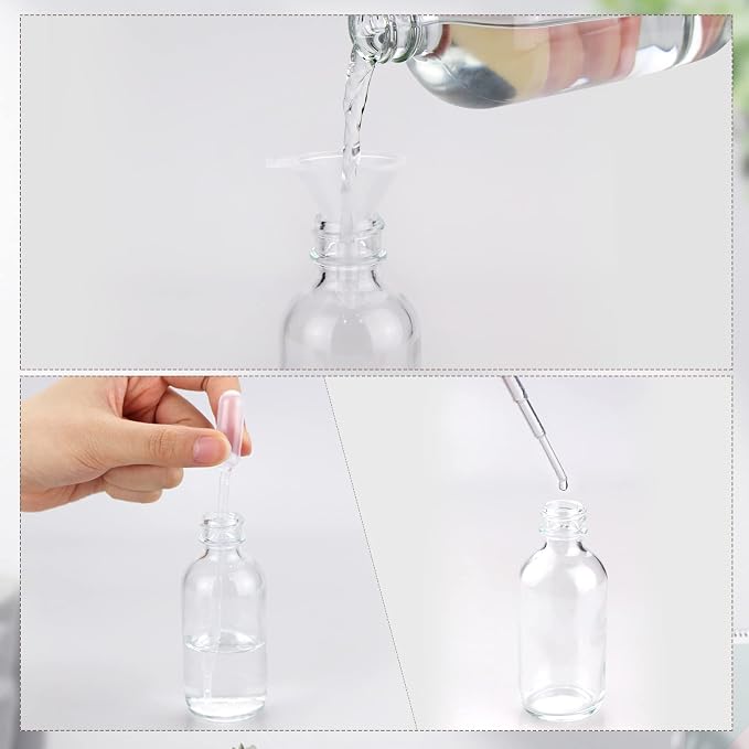 4 oz Mini Glass Spray Bottles, Empty Small Spray Bottles with Funnel Dropper, Fine Mist for Hair, Travel, Plants, Cleaning Solutions and Skin Care (4 Pack Clear)