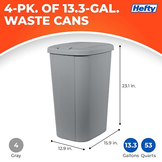 Hefty 13.3 Gallon Trash Can with Lid, Plastic Garbage Can Touch Button, Kitchen Waste Basket for Home Office, Large Capacity Trash Bin, 4 Pack, Grey