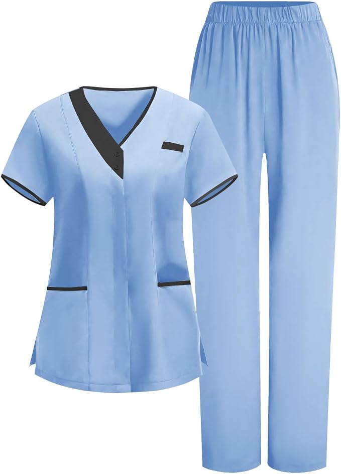 2026 Housekeeping Uniform Cleaning Uniforms - Button V Neck Top & Pants with Multi Pockets - Scrubs for Women