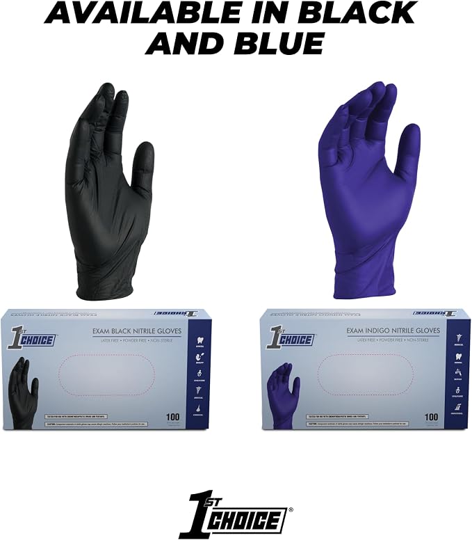 1st Choice 3 mil Disposable Indigo Nitrile Exam Gloves for Medical, Salon | Dentist, Esthetician, and Household Chores, Bulk Purchasing Options Available, Suitable for Use with Hair Dying Chemicals