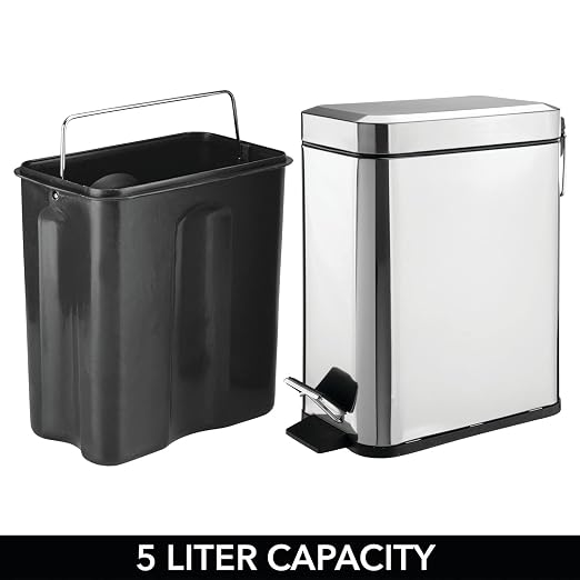 mDesign Small Modern 1.3 Gallon Rectangle Metal Lidded Step Trash Can, Compact Garbage Bin with Removable Liner Bucket and Handle for Bathroom, Kitchen, Craft Room, Office, Garage - Chrome