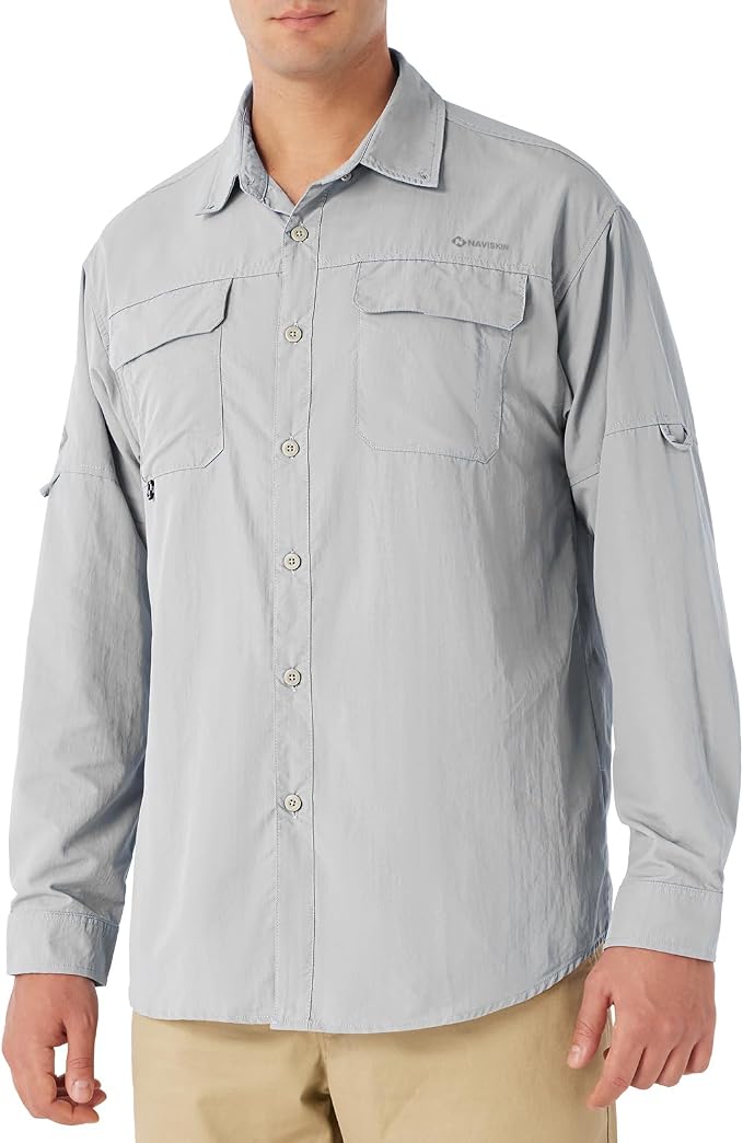 NAVISKIN Men's UPF 50+ Sun Protection Long Sleeve Fishing Shirts | UV Protective, Quick Dry, Vented Back, Utility Pockets, Roll Up Sleeves, Lightweight PFG Shirts For Hiking Camping Safari