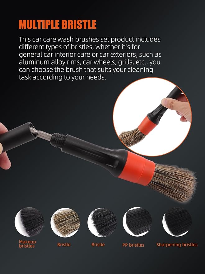 Car Drill Brush, Drill Brush Attachment SPTA 5Pcs Detachable Car Care Detailing Brush Set Soft No Scratch Boar Hair Detail Brush Car Care Detail Brush for Air Vent Automotive Interior Exterior -DF075