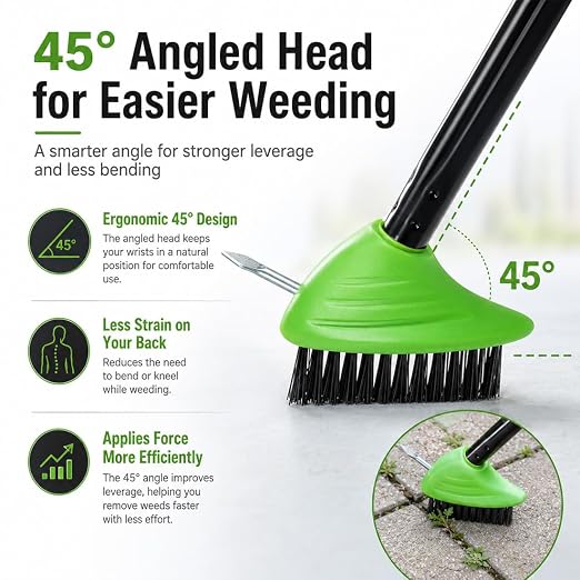 3-in-1 Versatile Weed Brush Combo Set, Long Handle Deck Scrubber (Green) | Metal Weeding Hook | Patio, Driveway & Concrete Crevice Cleaner | Removes Moss & Rust Stains | Outdoor Yard Tool