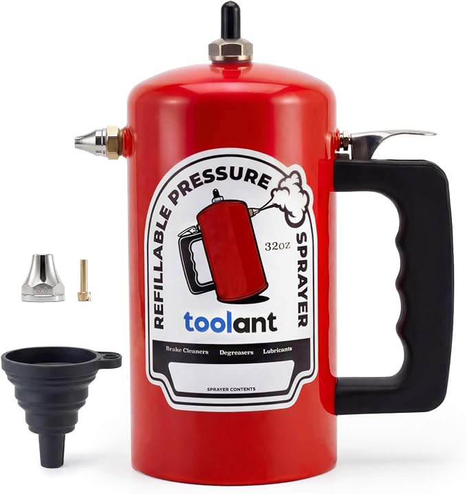toolant 32oz Refillable Pressurized Sprayer, 200 PSI Max, Red | Brake cleaner and solvents, rust-resistant steel canister, leak-resistant needle valve, dual 1.0/0.6 mm nozzles & funnel