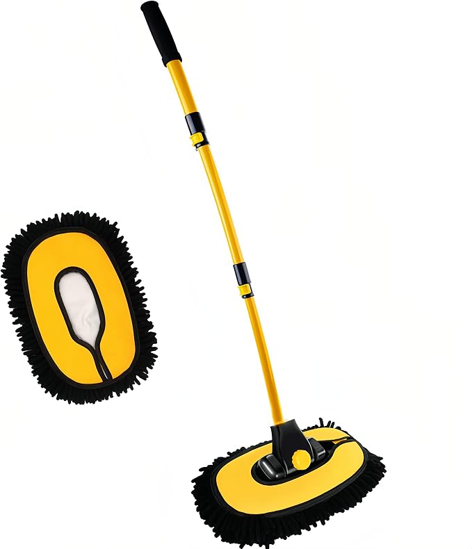 MVEQRRN 15°Curved Chenille Car Wash Brush Mop with Long Handle(Yellow) | No Scratch Car Wash Brush, Car Cleaning Brush with Extension Pole,Microfiber car wash mop,Car Wash for cars, trucks,home